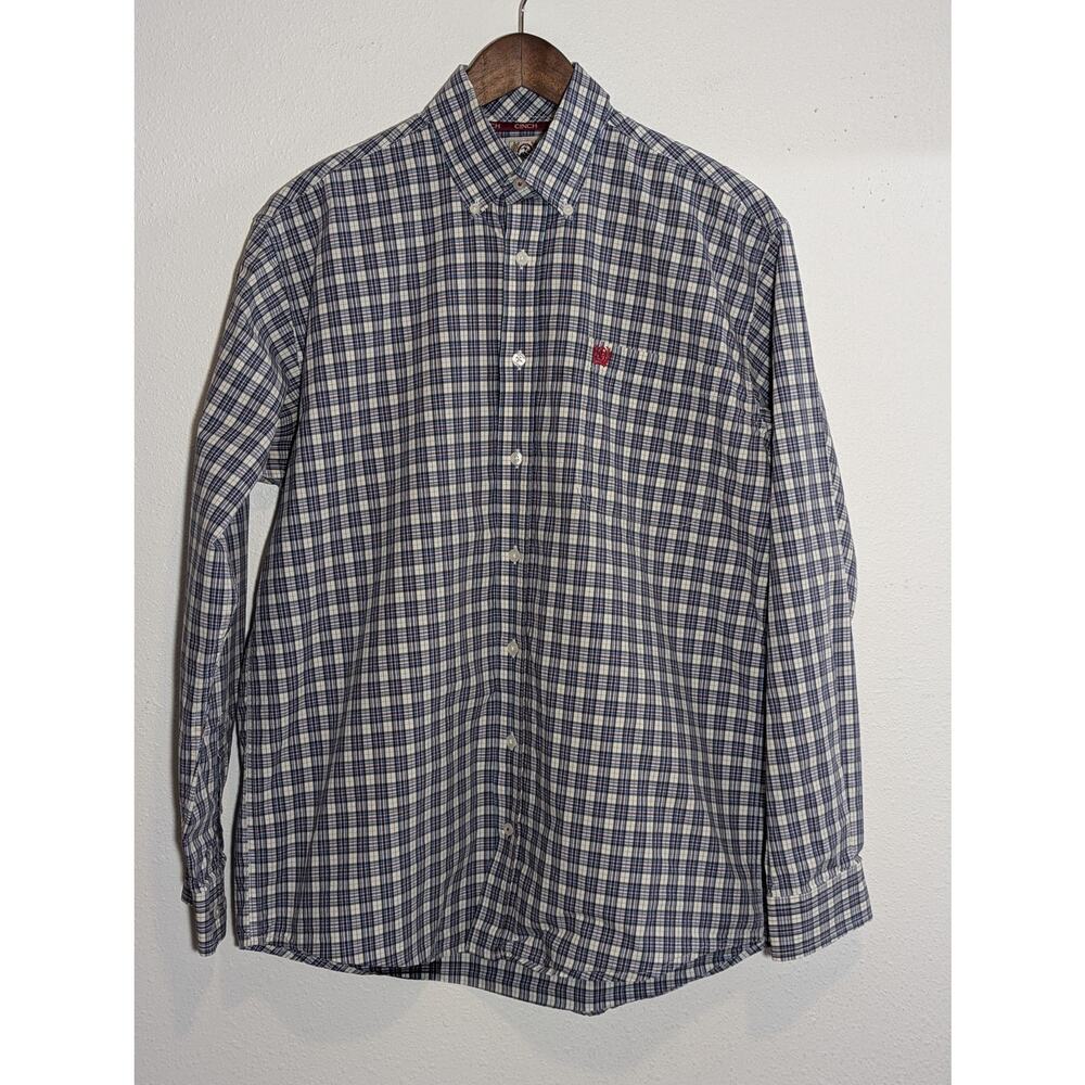 Cinch Men's Button Up Front Western Blue Plaid LS Shirt Button Down Collar Sz S